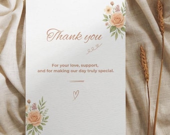 Plantilla de tarjeta de agradecimiento con diseño floral botánico en tonos melocotón / Boda, despedida de soltera (descarga digital)