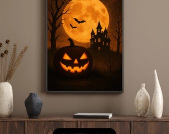 Halloween Pumpkin Wall Art | Spooky Haunted House Full Moon | Digital Download Poster & Wallpaper