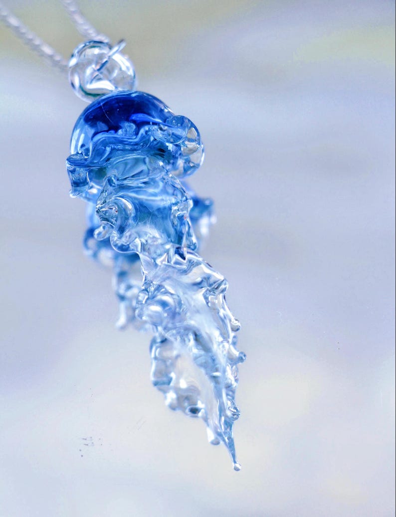Handcrafted Glass Jellyfish Pendant Necklace: Ocean Blue Lampwork Art ...
