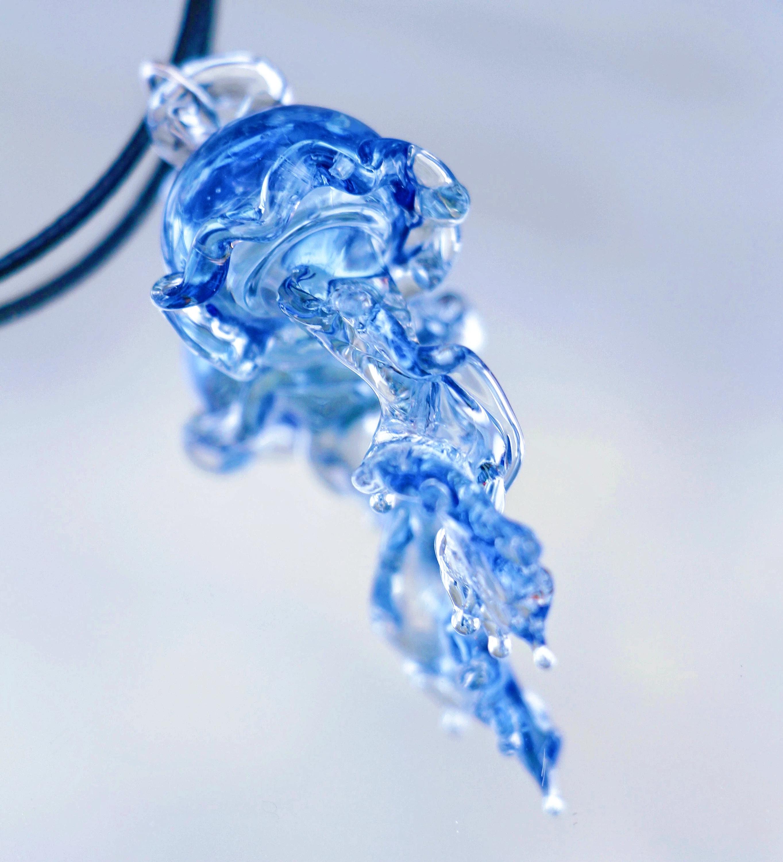 Handcrafted Glass Jellyfish Pendant Necklace: Ocean Blue Lampwork Art ...