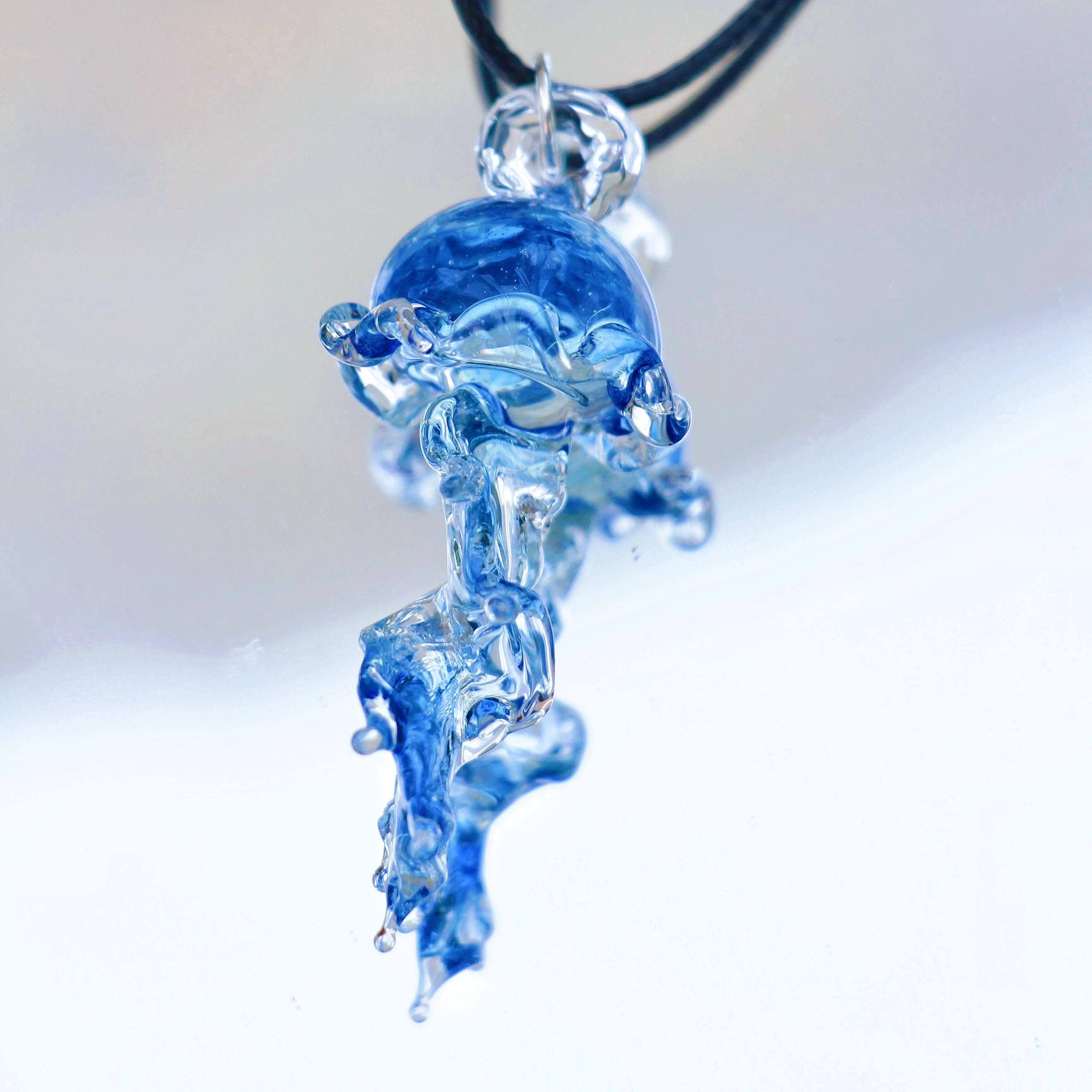 Handcrafted Glass Jellyfish Pendant Necklace: Ocean Blue Lampwork Art ...
