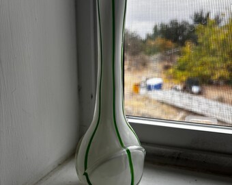 Vintage White & Green Striped Glass Bud Vase, MCM Decor
