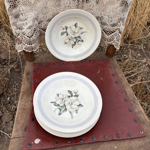 May include: A set of white ceramic plates with a floral magnolia design. Each plate has a gray band around the rim. The plates are stacked on a red surface, with one plate on top. The plates are on a wooden chair.