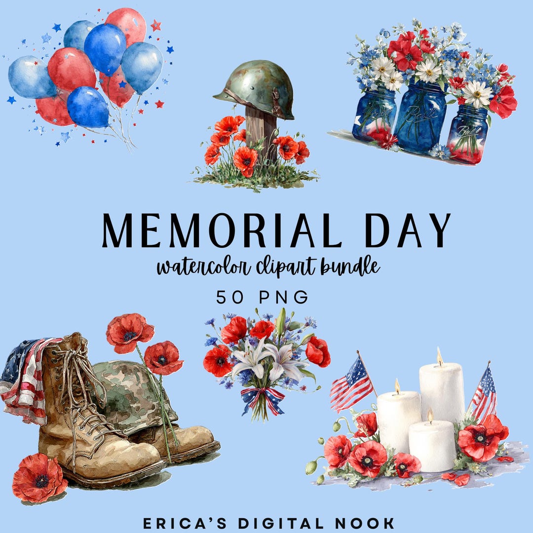 Memorial Day Clipart Bundle – Patriotic Watercolor Flags, Flowers ...