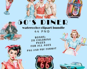 May include: A digital collection featuring watercolor illustrations of 50's diner themes, including pin-up figures, a jukebox, a turquoise car, milkshakes, and a Route 66 sign. Text reads 50'S DINER watercolor clipart bundle 44 PNG BONUS 20 COLORING PAGES.