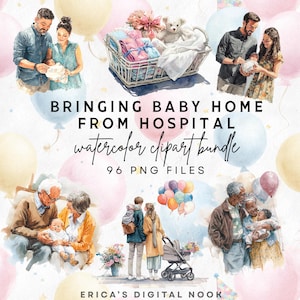Puede incluir: Paquete de imágenes prediseñadas de acuarela con el texto "Bringing Baby Home From Hospital". La imagen presenta ilustraciones de familias con recién nacidos, globos y una cesta con artículos para bebés. Incluye 96 archivos PNG.