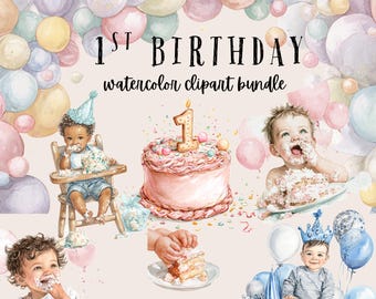 Baby’s 1st Birthday Watercolor Clipart | First Birthday Party PNGs | Pastel Baby Celebration