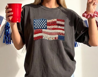 Vintage Faux Patchwork American Flag Shirt, Vintage Faux Quilted USA Tee, 250th Years Patriotic Fourth Of July Shirt