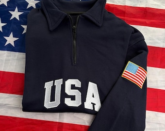 Embroidered USA Quarter Zip Sweatshirt, Retro USA With Flag Zip Sweatshirt, USA Pride, Semiquincentennial Crewneck, 4th of July Shirt