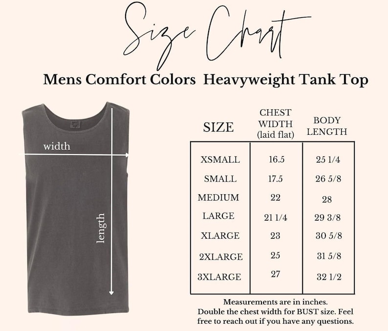 May include: A size chart for a heavyweight tank top, showing chest width and body length measurements in inches. Sizes range from XSmall to 3XLarge. The image includes a gray tank top and the text 'Size Chart'.