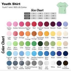 May include: A youth t-shirt colour chart with a size chart. The size chart shows the width and length in inches for sizes S, M, L, and XL. The colour chart displays various colours, including red, blue, green, and purple.