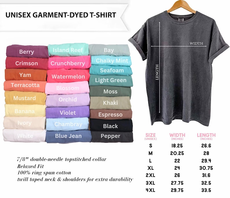 K&ouml;nnte beinhalten: Ein dunkelgraues Unisex-T-Shirt, gef&auml;rbtes Kleidungsst&uuml;ck, das auf einem Kleiderb&uuml;gel pr&auml;sentiert wird. Das Bild zeigt eine Farbkarte mit verschiedenen Hemdfarben, darunter Berry, Crimson und Island Reef. Gr&ouml;&szlig;en- und Ma&szlig;angaben sind ebenfalls enthalten.