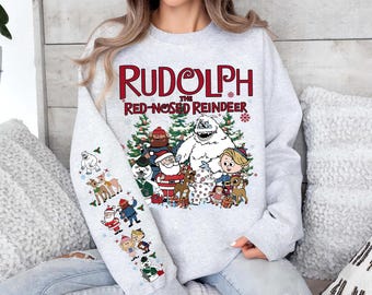 Retro Rudolph The Red Nosed Reindeer Sweatshirt Printing On Sleeve, Christmas Shirt, Retro Christmas Sweatshirt, Rudolph Christmas Shirt