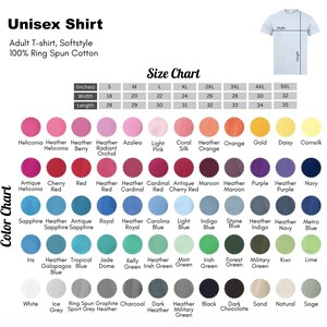 May include: Image of a unisex t-shirt with a size chart and colour options. The shirt is made of 100% ring-spun cotton. The size chart shows measurements in inches. Colour options include a wide range of hues.