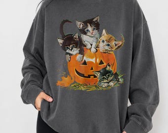 Retro-Katzen-Kürbis-Sweatshirt, Halloween-Shirt aus den 90ern, Kürbis-Katzen-Pullover, Vintage-Herbstshirt