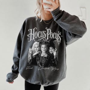 May include: A charcoal gray crewneck sweatshirt featuring a white graphic print of the Hocus Pocus movie title and the three Sanderson sisters. Below the characters, the names Sarah, Winifred, and Mary are printed in a white script font.
