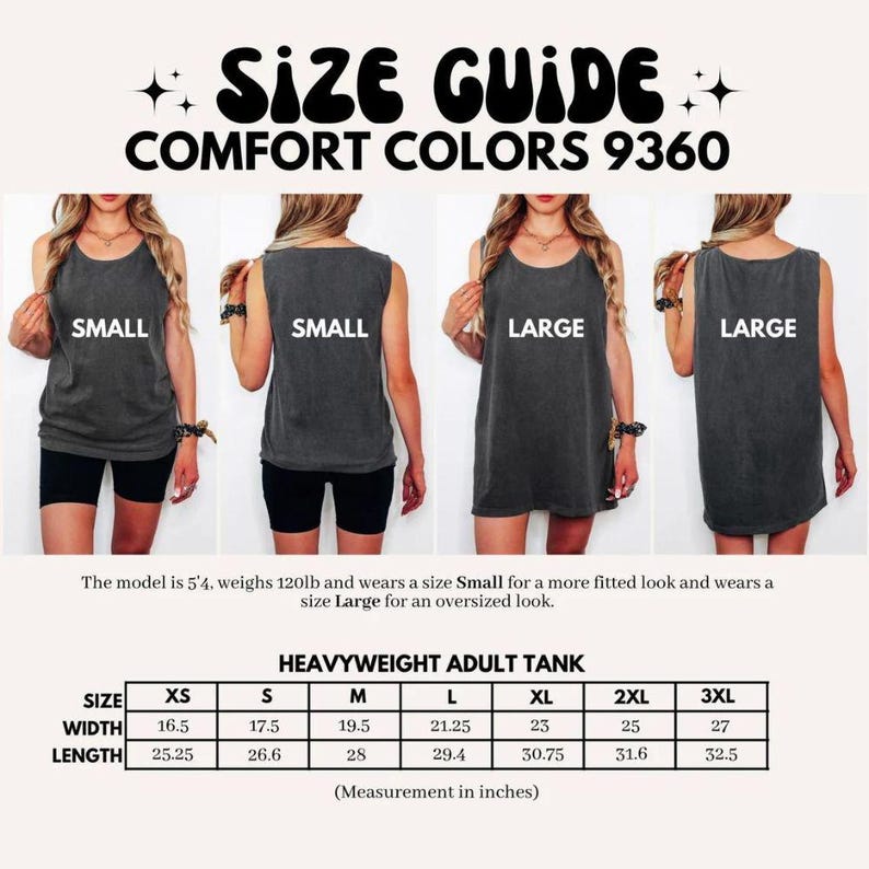 Puede incluir: Una gu&iacute;a de tallas para la camiseta sin mangas para adultos Comfort Colors 9360. La imagen muestra cuatro vistas de la camiseta en gris carb&oacute;n, etiquetadas como Small y Large. Una tabla proporciona medidas de ancho y largo en pulgadas para tallas XS a 3XL.
