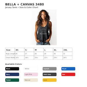 Puede incluir: Una tabla de tallas y colores para la camiseta sin mangas Bella + Canvas 3480. La tabla enumera longitudes corporales de 66,04 a 78,74 cm y anchos de pecho de 41,28 a 66,68 cm. Los colores disponibles son negro, blanco, asfalto, azul real, marino, rosa claro, gris oscuro, rojo, bosque, natural y oro.