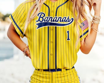Camiseta de béisbol personalizada con diseño de plátano, camiseta amarilla del equipo con nombre y número personalizados, uniforme divertido de Let's Go Bananas, regalo para fans de Savannah para niños y mujeres.