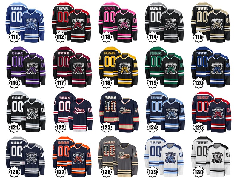 May include: Collection of hockey jerseys in various colors, each featuring a team logo and the text "YOURNAME" above the number "00". The jerseys have long sleeves and are designed for sports. The image shows multiple jersey designs.