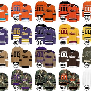 May include: A collection of hockey jerseys in various colors, including orange, purple, and brown. Each jersey features a customizable name and number, with the word "Teams" displayed. The jerseys are numbered from 91 to 110.