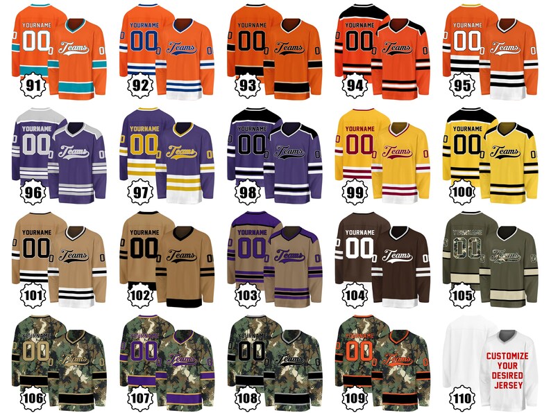 May include: A collection of hockey jerseys in various colors, including orange, purple, and brown. Each jersey features a customizable name and number, with the word "Teams" displayed. The jerseys are numbered from 91 to 110.