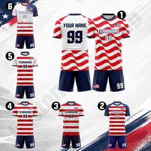 May include: Collection of six soccer uniforms with red and white striped tops, navy blue shorts, and the American flag design. Each jersey has the number 99 and the text "TEAMNAME" or "YOUR NAME".