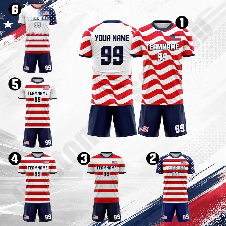 May include: Collection of six soccer uniforms with red and white striped tops, navy blue shorts, and the American flag design. Each jersey has the number 99 and the text "TEAMNAME" or "YOUR NAME".