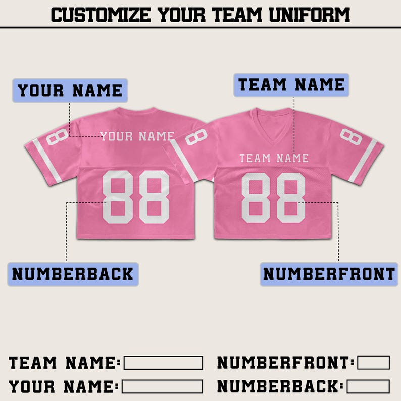 Puede incluir: Camiseta de uniforme de equipo rosa personalizable con detalles blancos. La camiseta presenta el n&uacute;mero 88 en blanco en la parte delantera y trasera. El texto "CUSTOMIZE YOUR TEAM UNIFORM" est&aacute; en la parte superior, con campos para "YOUR NAME" y "TEAM NAME".