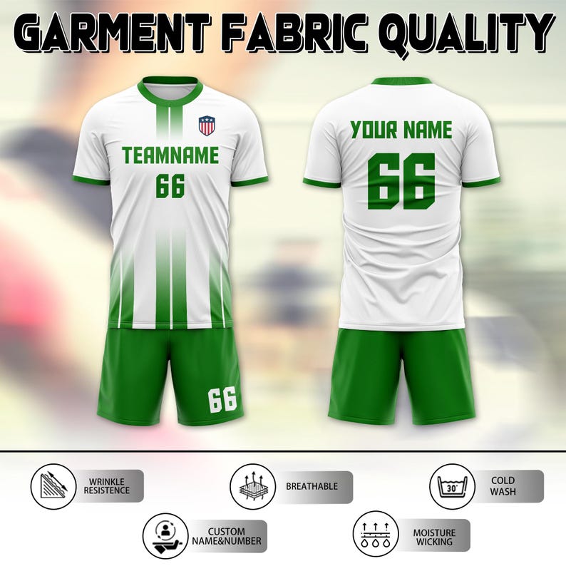 May include: White and green soccer uniform with the text "TEAMNAME" and the number "66" on the front. The back of the jersey displays "YOUR NAME" and the number "66". The shorts are green. The image also shows icons for wrinkle resistance, breathability, custom name and number, moisture wicking, and cold wash.