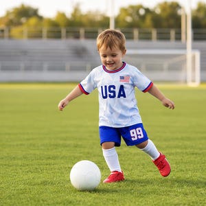 May include: A young child in a white soccer jersey with "USA" printed on the front and the American flag on the sleeve. The child is wearing blue shorts with the number "99", red shoes, and white socks, kicking a white soccer ball on a green field.