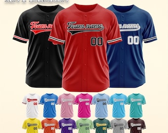 Puede incluir: Camisetas de béisbol personalizadas en varios colores. Las camisetas presentan el texto "Team name" y el número "00". La imagen incluye el texto "CUSTOM ANY DESIGN" y "CHOOSE FROM 70 COLORS | CUSTOMIZE YOUR OWN UNIQUE COLOR!"