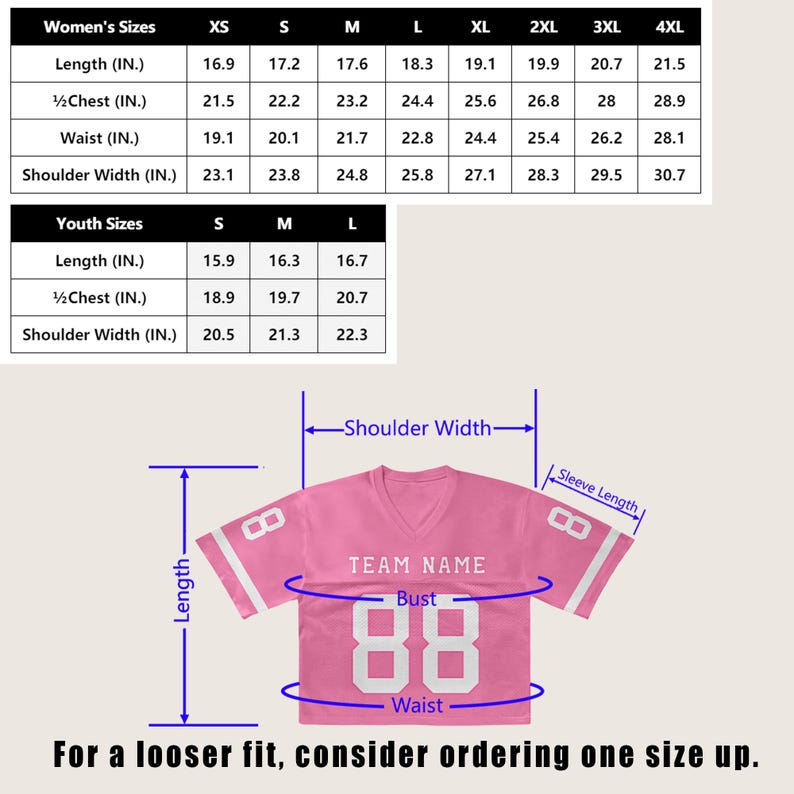 Puede incluir: Camiseta de f&uacute;tbol rosa con rayas blancas en las mangas y el n&uacute;mero 88. La camiseta tiene cuello en V e incluye tablas de tallas para mujeres y j&oacute;venes, con medidas en pulgadas. El texto "TEAM NAME" est&aacute; encima del n&uacute;mero.