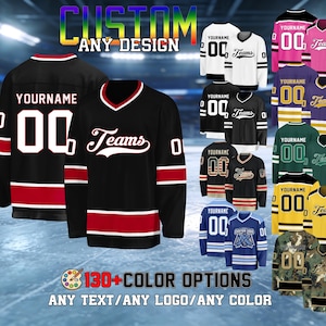 May include: A collection of hockey jerseys in various colors, including black, white, pink, and green. Each jersey features a team name, player number, and customizable text. The image also displays the text "CUSTOM ANY DESIGN" and "130+ COLOR OPTIONS".