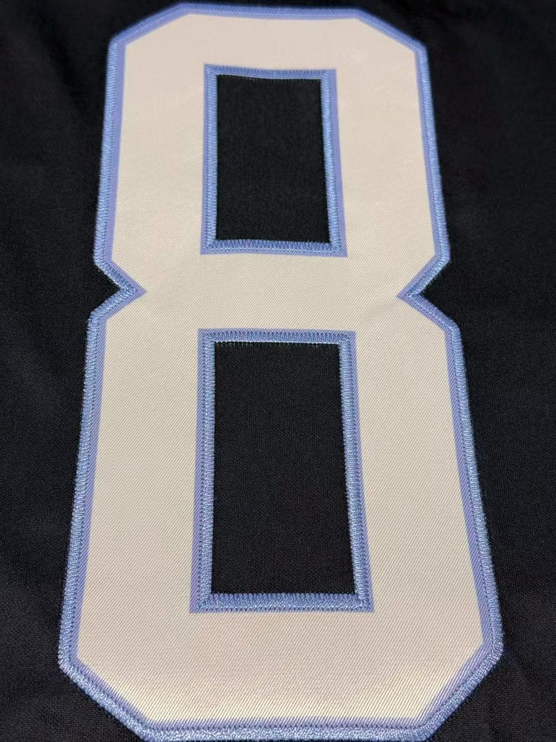 May include: A large, white number eight patch with a light blue outline and stitching, set against a black fabric background. The number has two rectangular cutouts. The patch is likely for athletic wear or customization.