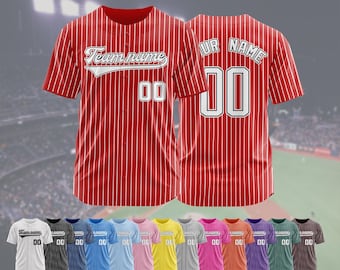 Camiseta de béisbol a rayas personalizada – Nombre, número y logotipo del equipo bordados o estampados – Camiseta de béisbol vintage para jugadores y aficionados