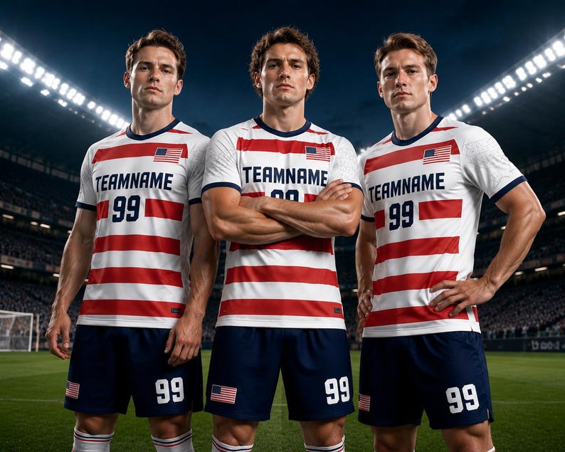 May include: Three soccer players wearing white jerseys with red horizontal stripes, the American flag, and the text "TEAMNAME 99." They are also wearing navy blue shorts with the number 99 and the American flag. The background is a soccer field.