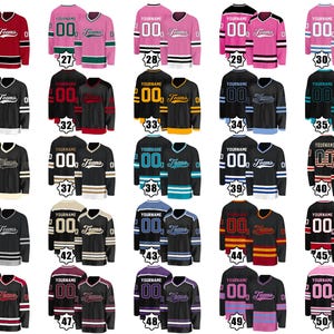 May include: A collection of customizable hockey jerseys in various colors, including red, black, pink, and blue. Each jersey features the text "YOURNAME", the number "00", and the word "Teams".