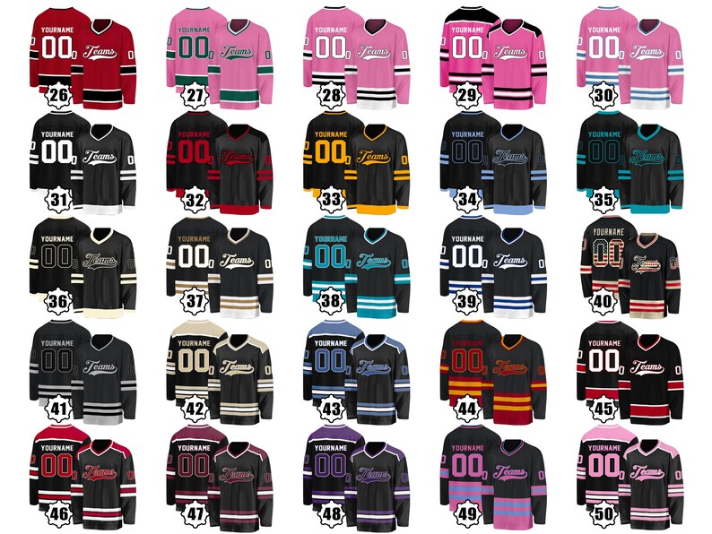 May include: A collection of customizable hockey jerseys in various colors, including red, black, pink, and blue. Each jersey features the text "YOURNAME", the number "00", and the word "Teams".