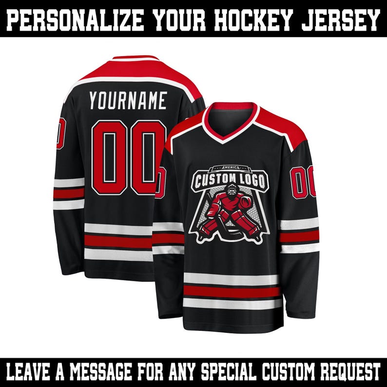 May include: Black hockey jersey with red and white accents. The jersey features the text "YOURNAME" and the number "00" on the back. The front displays a custom logo and the number "0". The text "PERSONALIZE YOUR HOCKEY JERSEY" is at the top.