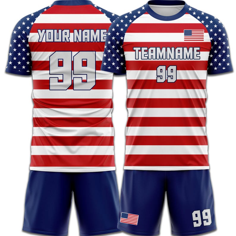 May include: A red and white striped soccer jersey and shorts set with blue sleeves featuring a star pattern. The jersey displays the text "YOUR NAME" and the number "99" on the back, and "TEAMNAME" and "99" on the front, with an American flag.
