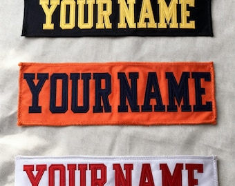 Custom football jersey name patch sewn embroidered label for backpacks, uniforms, and jackets. Choose your size plus patch and thread colors