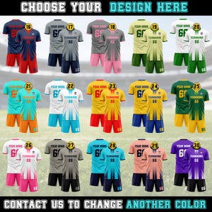 May include: A collection of soccer jerseys in various colors, including navy blue, grey, yellow, and teal. Each jersey has a number and the text "YOUR NAME" and "TEAMNAME 66". The image also contains the text "CHOOSE YOUR DESIGN HERE" and "CONTACT US TO CHANGE ANOTHER COLOR".