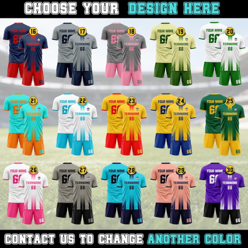 May include: A collection of soccer jerseys in various colors, including navy blue, grey, yellow, and teal. Each jersey has a number and the text "YOUR NAME" and "TEAMNAME 66". The image also contains the text "CHOOSE YOUR DESIGN HERE" and "CONTACT US TO CHANGE ANOTHER COLOR".
