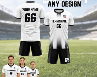 Custom Soccer Jersey for Adult Kid Team Uniform, Personalized Jersey with Team Name Number Logo, Black and White Soccer Sublimation Jersey