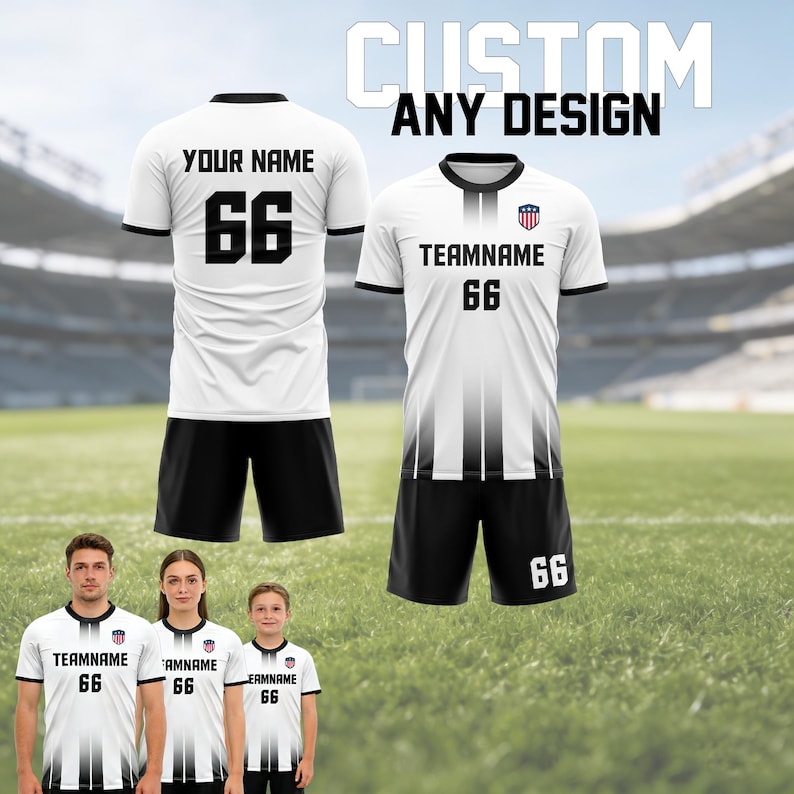 Custom black and white gradient soccer jersey set with matching shorts, personalized team name and number, US-style shield badge, short sleeve crew neck, breathable mesh fabric, soccer uniform for team sports