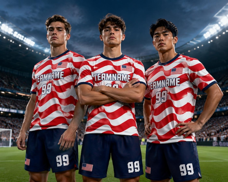 May include: Three soccer players wearing red and white striped jerseys with the American flag on the chest. The jerseys have the text "TEAMNAME" and the number "99". They are also wearing navy blue shorts with the number "99" and the American flag.