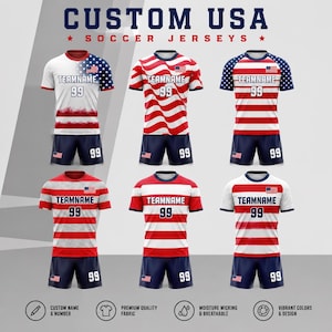 May include: Six soccer jerseys with red, white, and blue designs, each featuring the text "TEAMNAME" and the number "99." The jerseys are paired with matching shorts. The top text reads "CUSTOM USA SOCCER JERSEYS."
