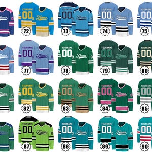 May include: A collection of hockey jerseys in various colors, including pink, blue, green, and teal. Each jersey features the word "YOURNAME" above the number "00" and the word "Teams" on the chest. The jerseys have striped sleeves.