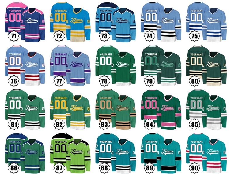 May include: A collection of hockey jerseys in various colors, including pink, blue, green, and teal. Each jersey features the word "YOURNAME" above the number "00" and the word "Teams" on the chest. The jerseys have striped sleeves.